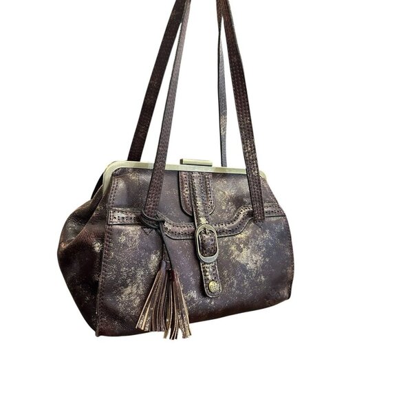 Patricia Nash Distressed Brown Leather Satchel Gold Metallic Frame Shoulder Bag - Picture 1 of 9
